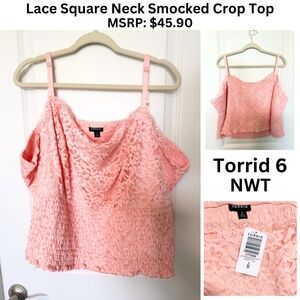NWT Torrid Lace Smocked Crop Top 6, Plus Size Women's Blouse 6X, 30, 30W Pink